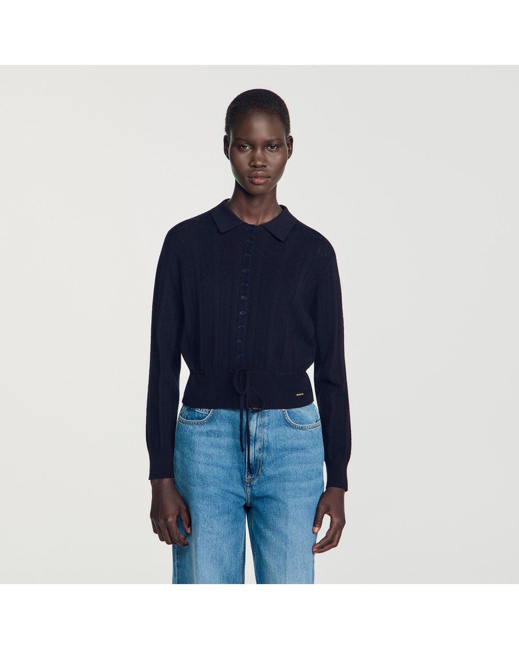 Sandro Blue Pointelle Knit Cardigan