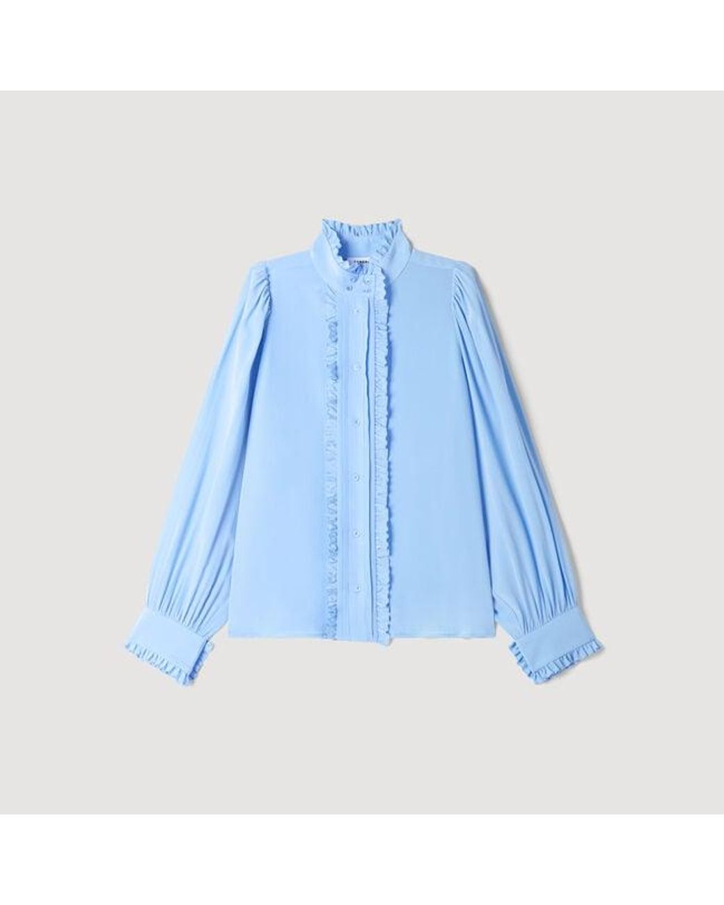 Sandro Blue Silk Shirt With Gathered Collar
