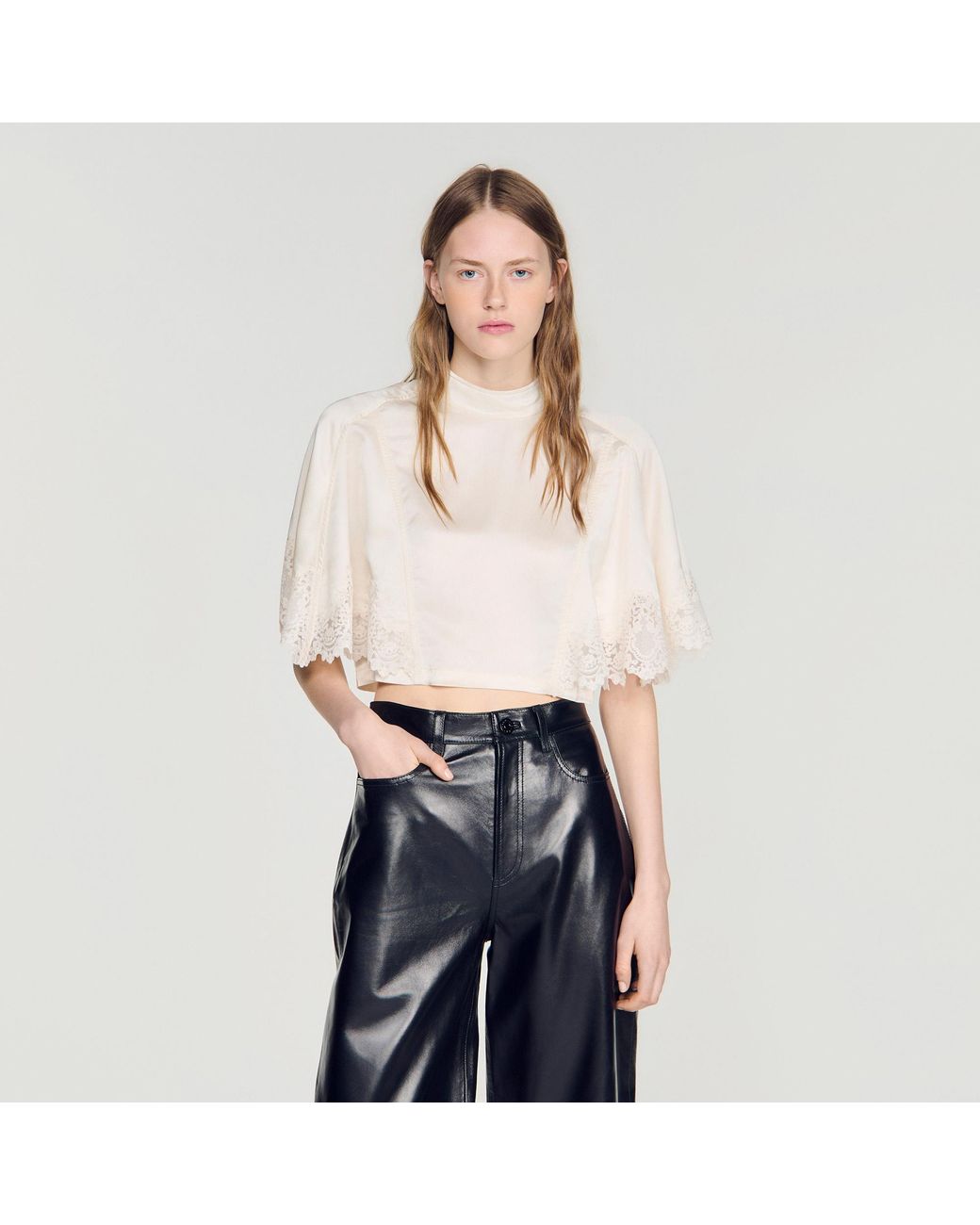 Sandro Blue Satin Cape-Effect Crop Top