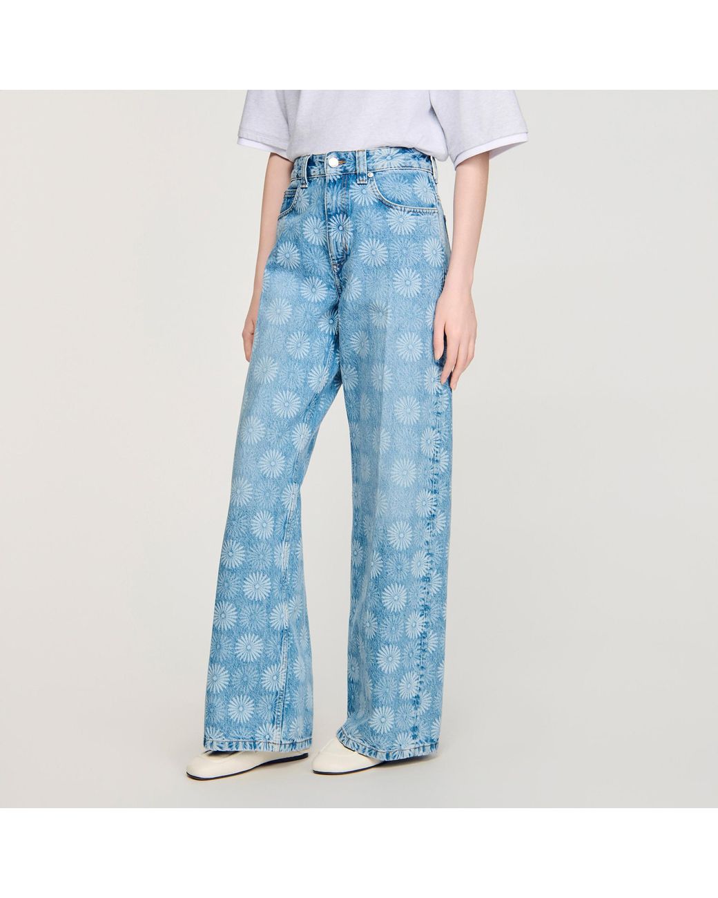 Sandro Blue Wide-Leg Floral Print Jeans