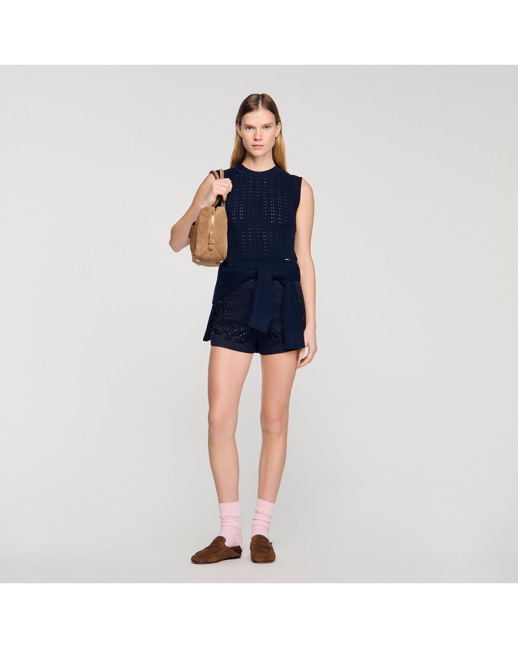Sandro Blue Cropped Textured Knit Jumper