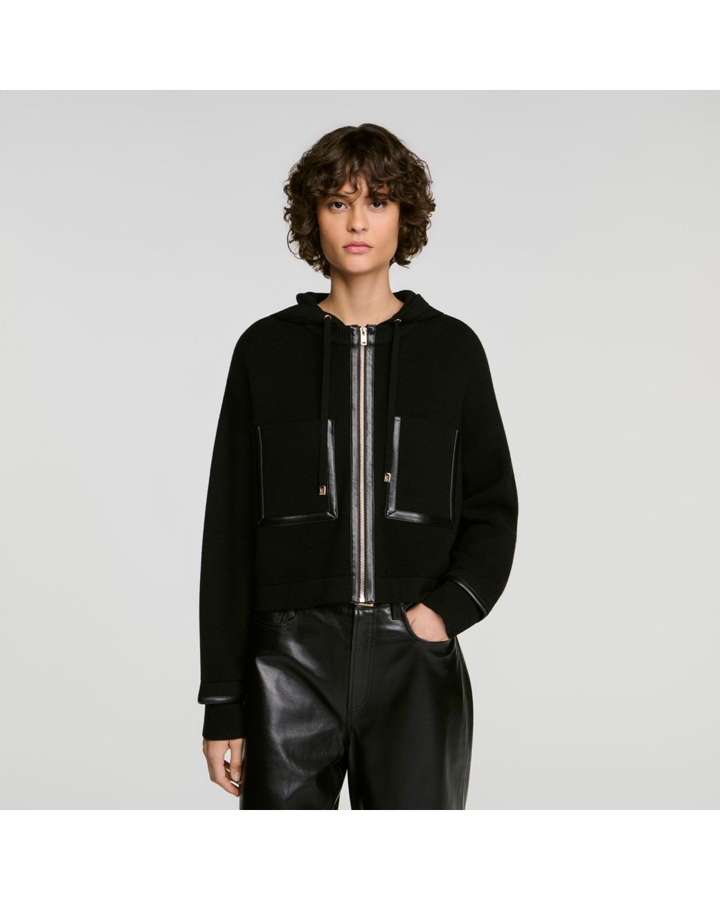 Sandro Black Hooded Cardigan With Leather Trim