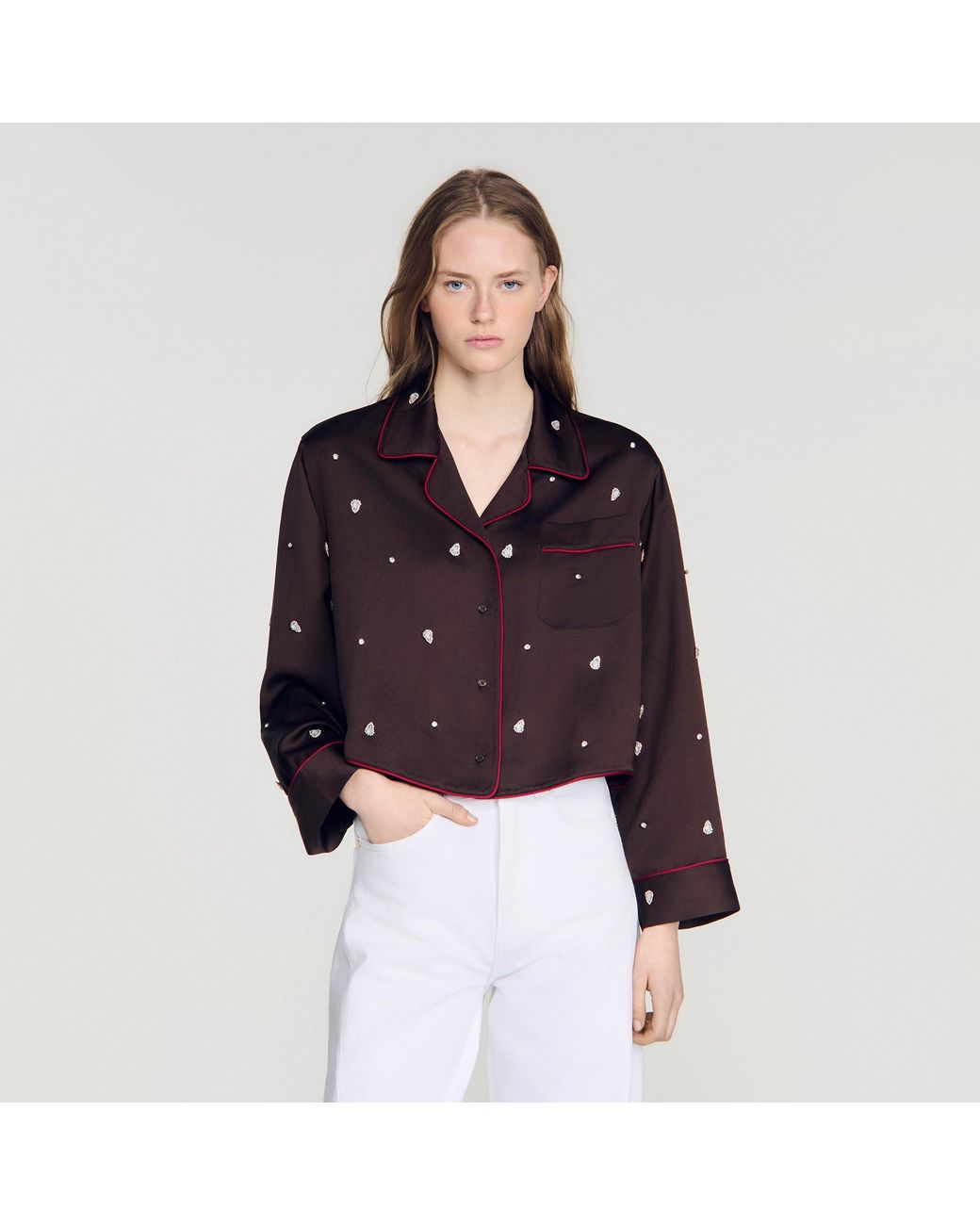 Sandro White Shirt With Beads And Rhinestones