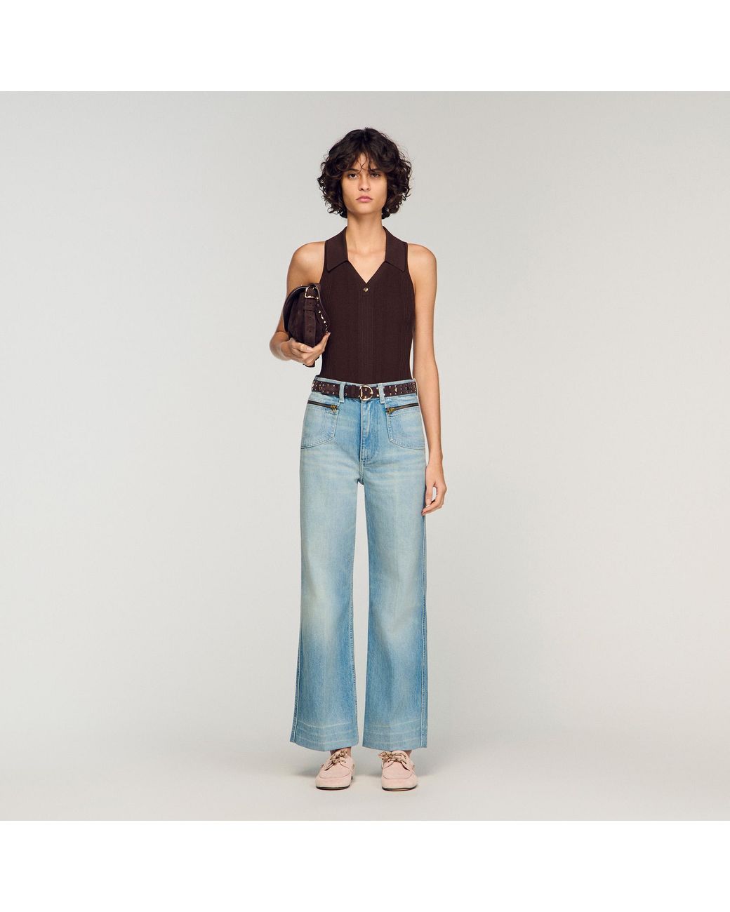 Sandro Blue Faded Straight Zipped Cotton Jeans