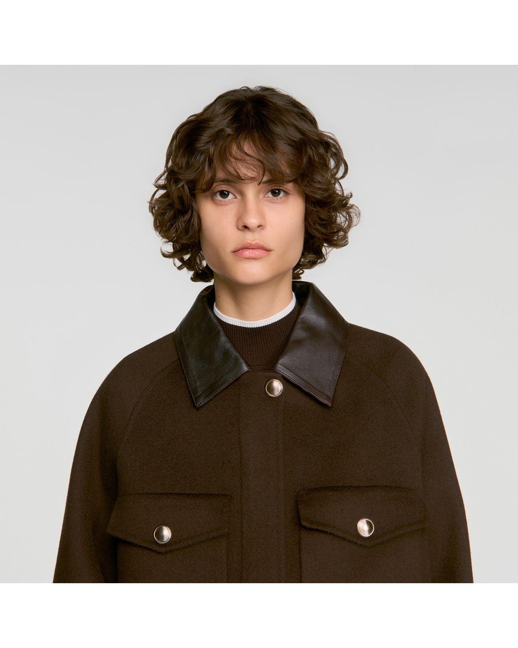 Sandro Red Double-Faced Coat, Leather Collar
