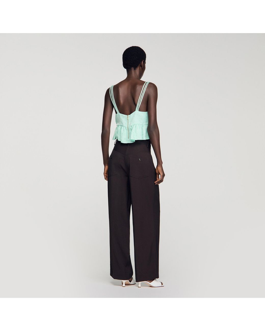 Sandro Blue Floral Jacquard Ruffled Crop Top