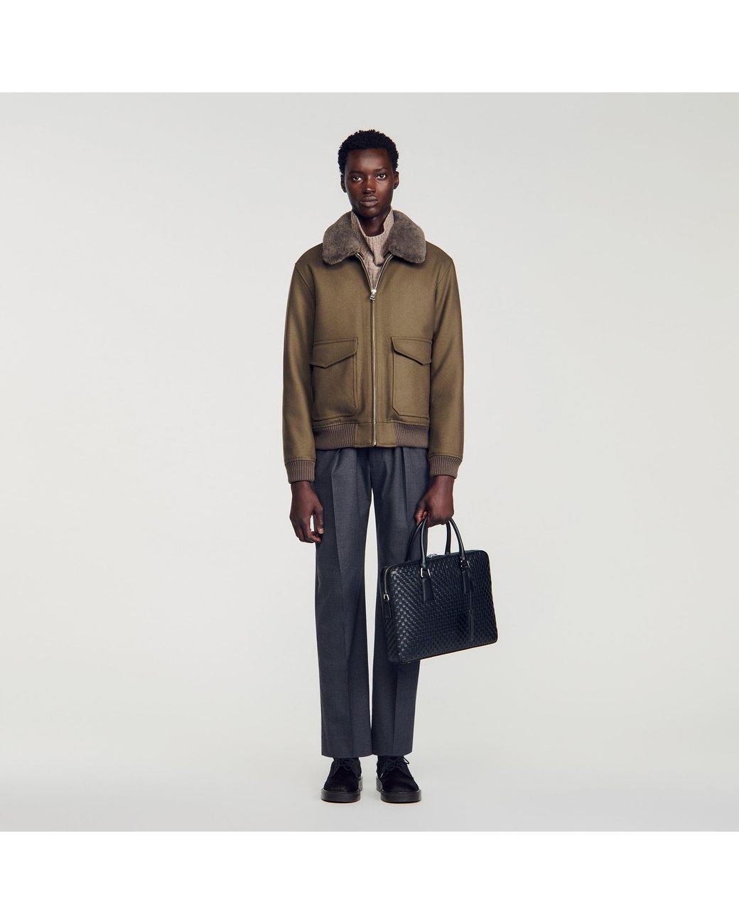 Sandro Black Woven Leather Briefcase for men