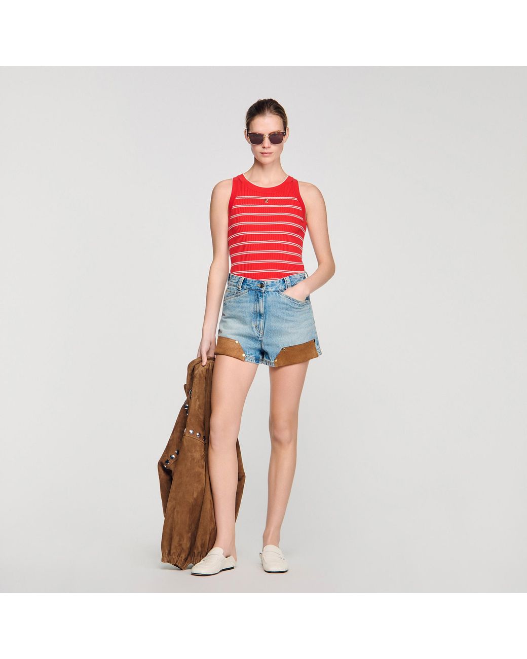 Sandro Red Striped Ribbed Vest Top