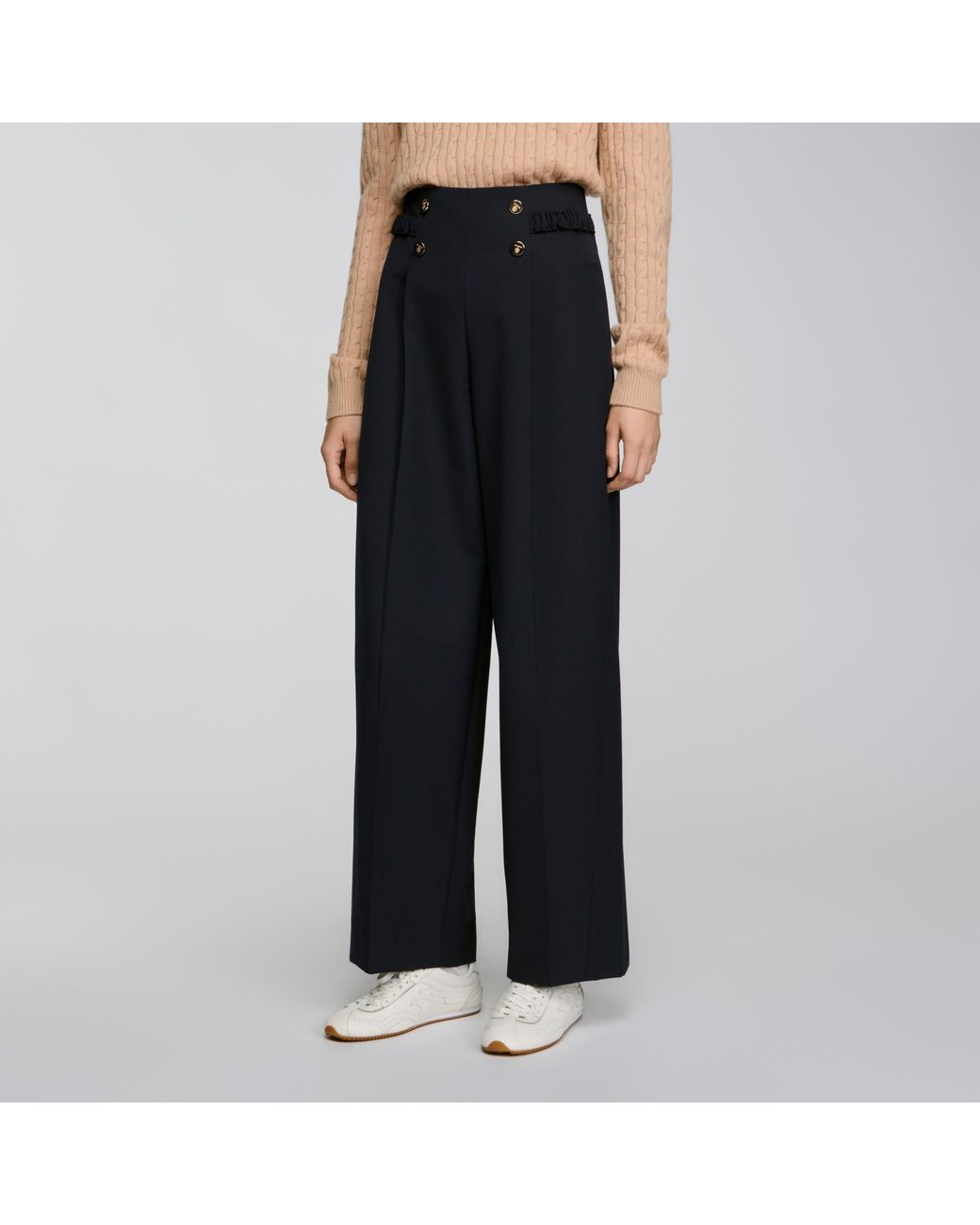 Sandro Black Buttoned Wide-Leg Wool Trousers