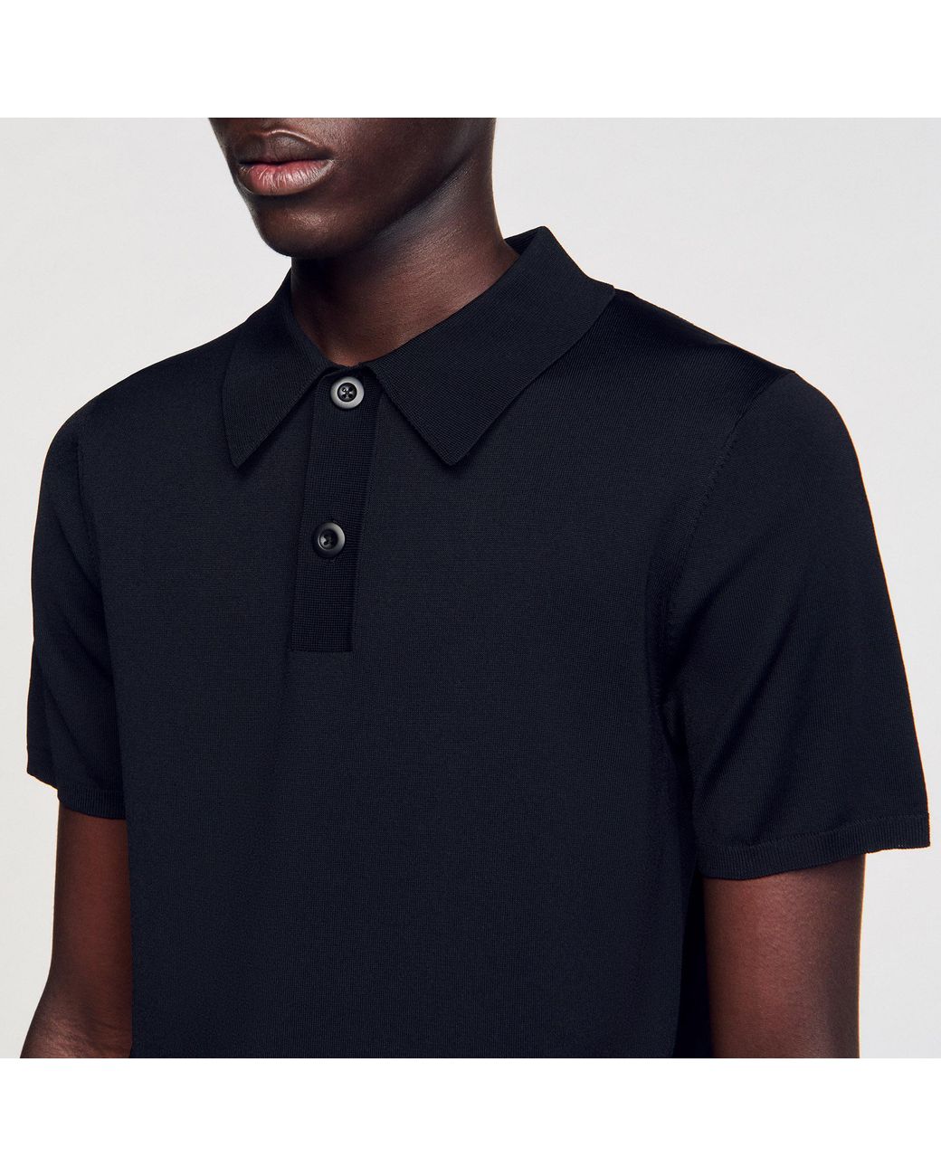Sandro Black Short-Sleeve Knitted Polo Shirt for men