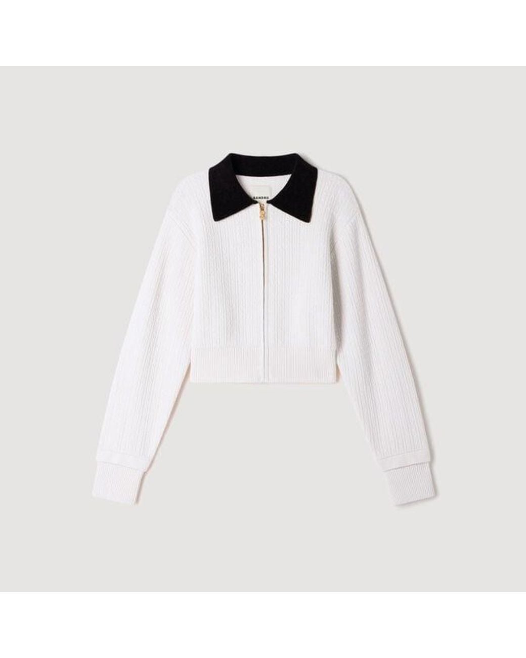 Sandro Blue Cable Knit Velvet Collar Cardigan