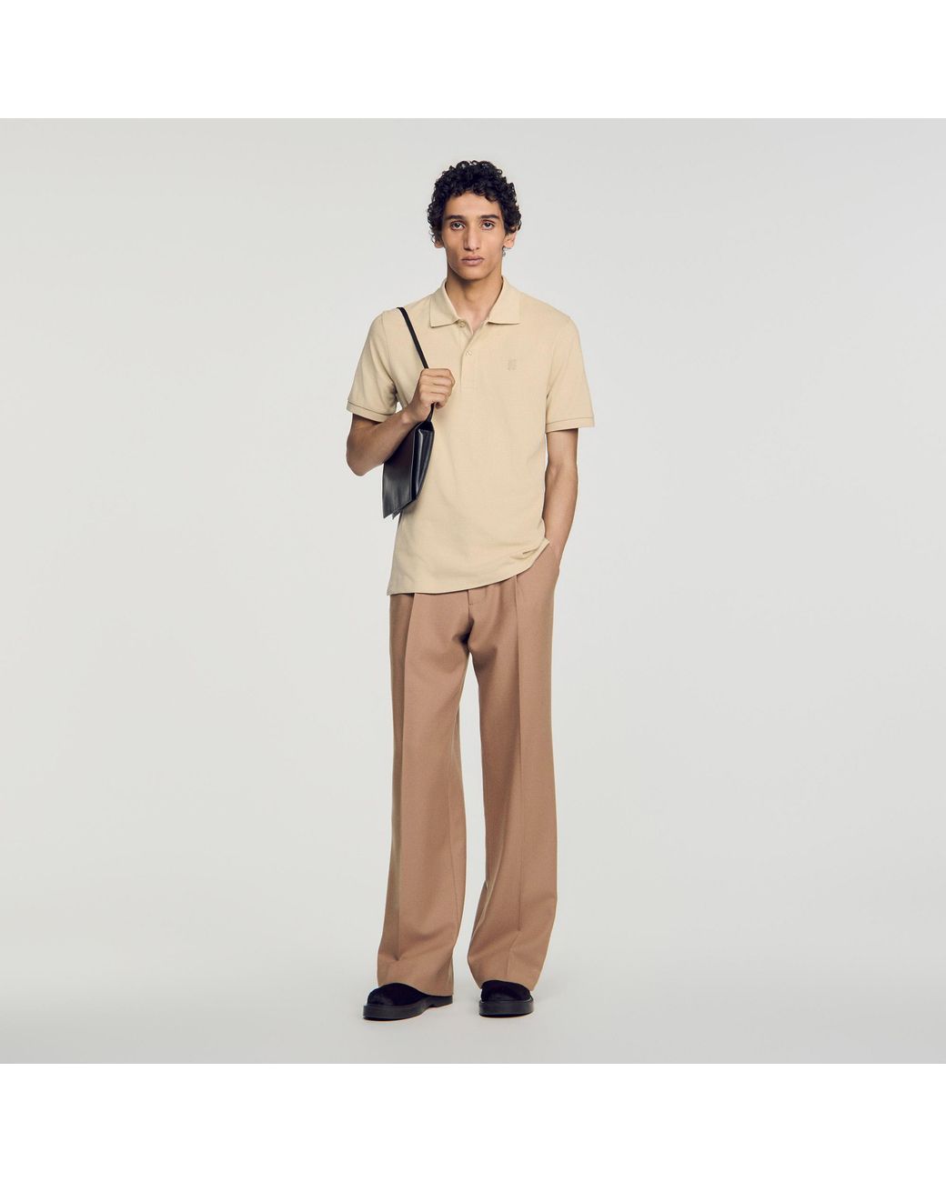 Sandro Natural Cotton Polo Shirt With Leather Logo for men