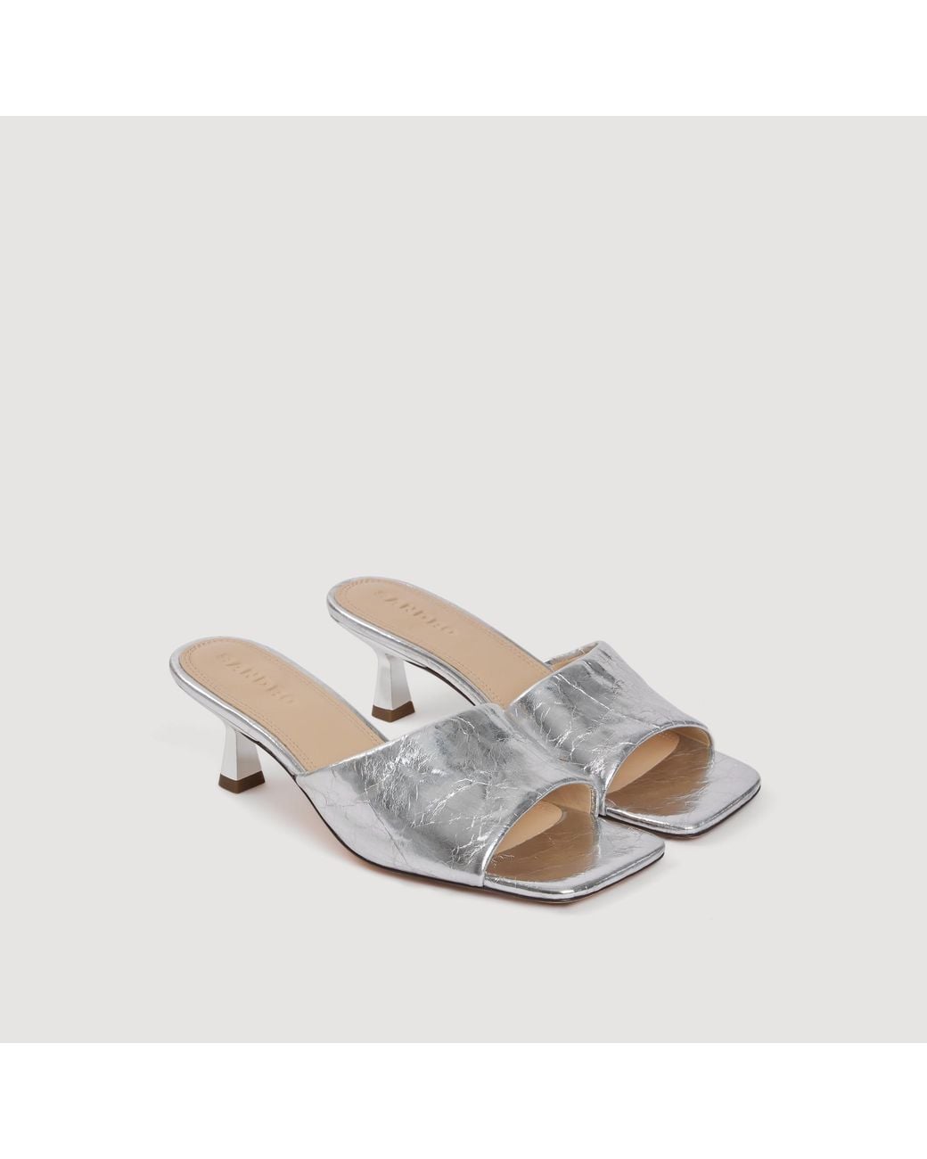 Sandro White Heeled Metallic Leather Mules