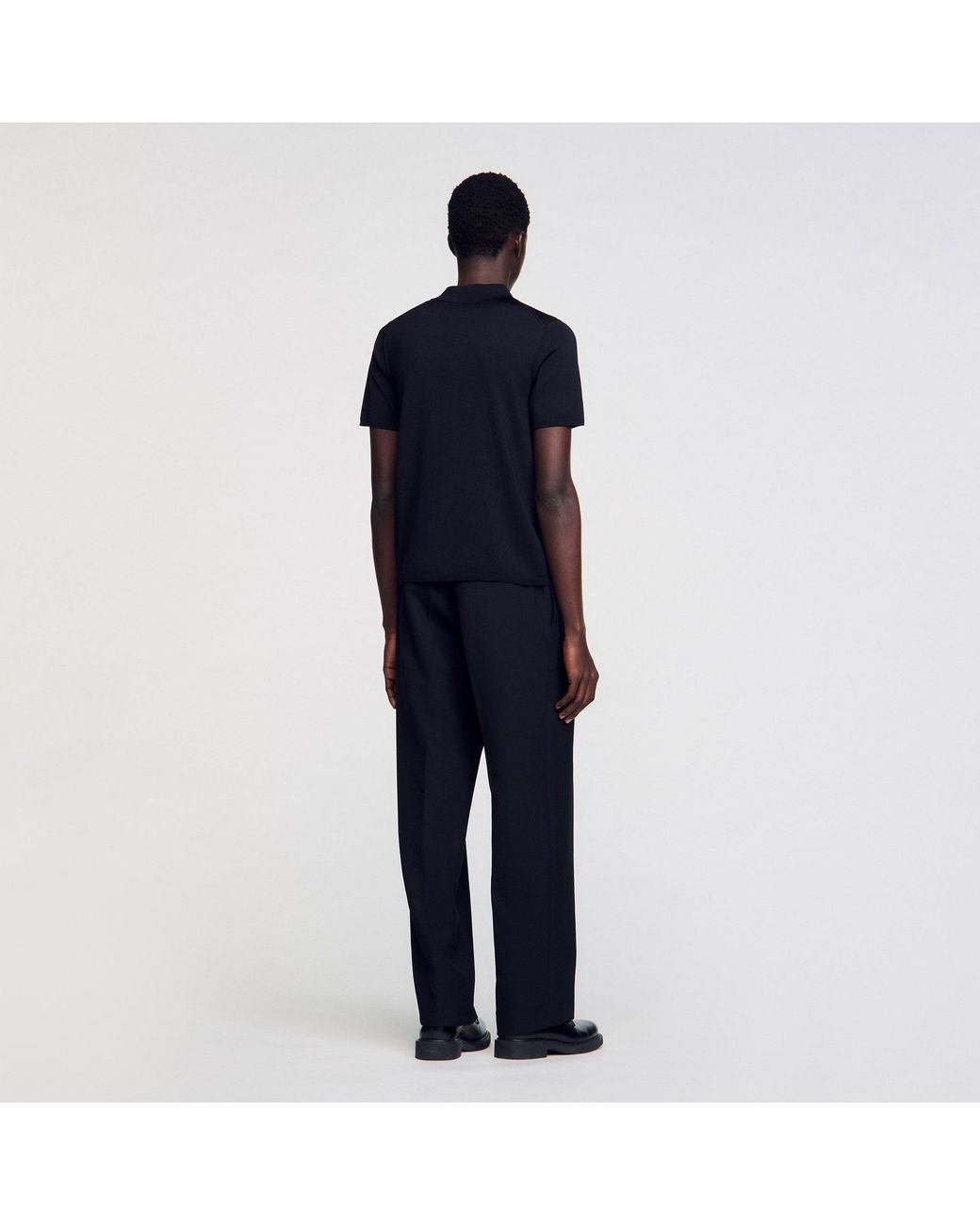 Sandro Black Short-Sleeve Knitted Polo Shirt for men