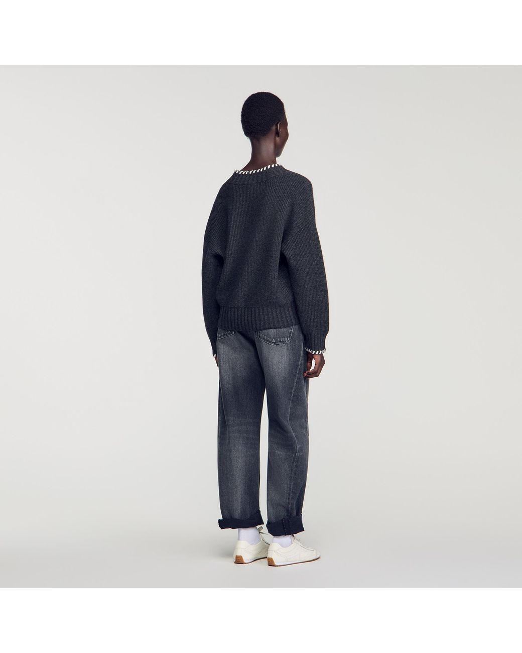 Sandro Blue Braided V-Neck Sweater
