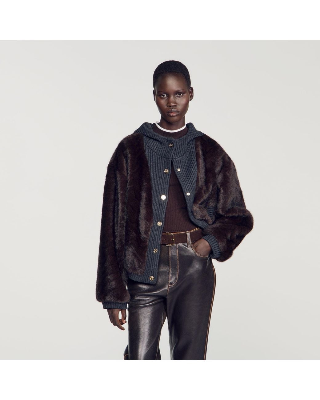 Sandro Blue Faux Fur And Knit Jacket