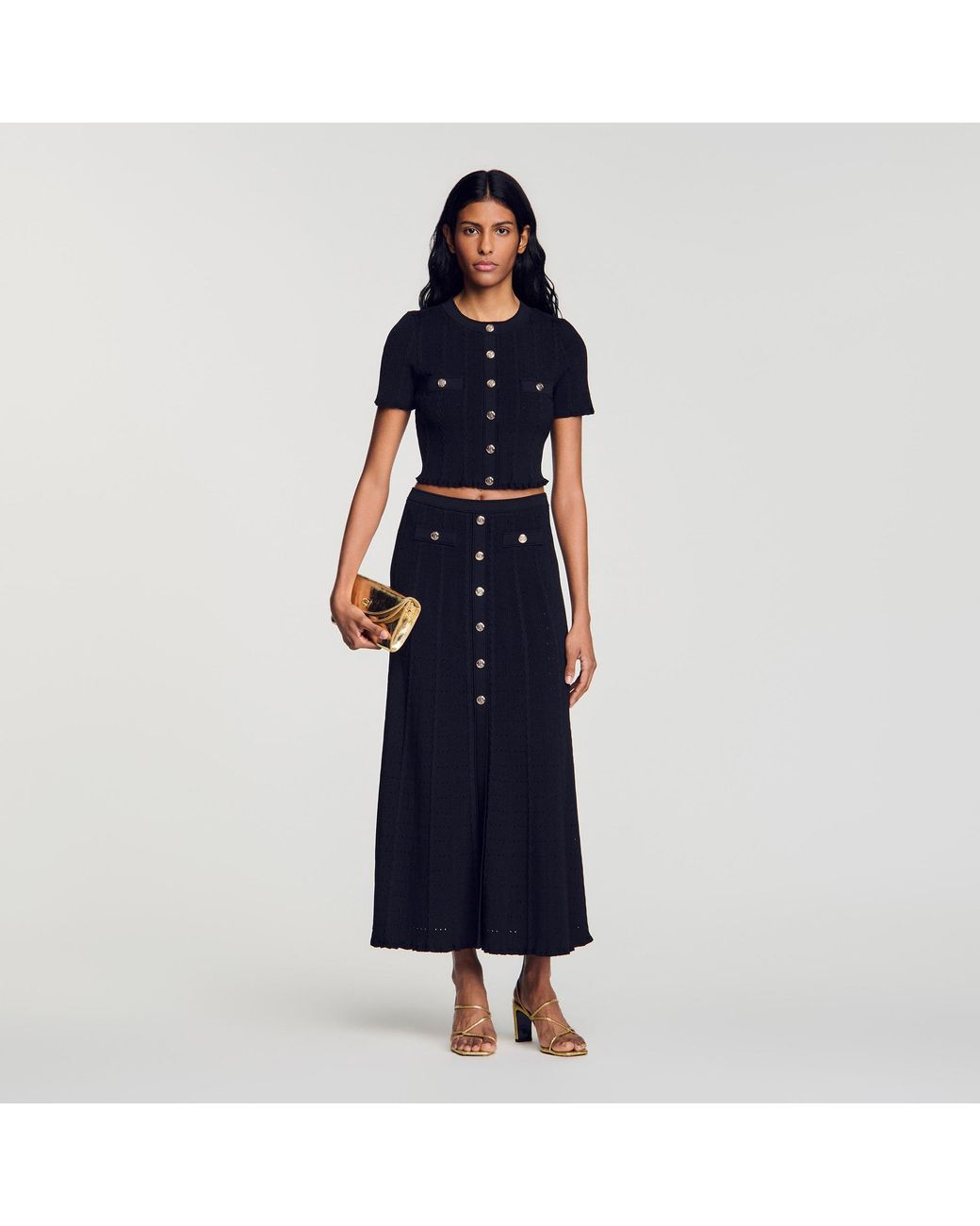 Sandro Blue Cropped Pointelle Knit Cardigan