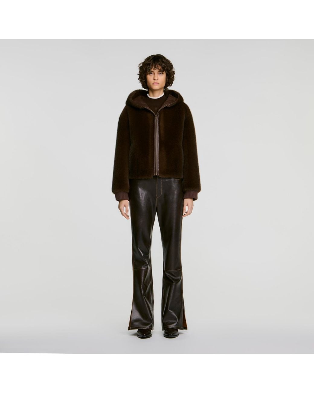 Sandro Red Faux Fur Coat With Hood