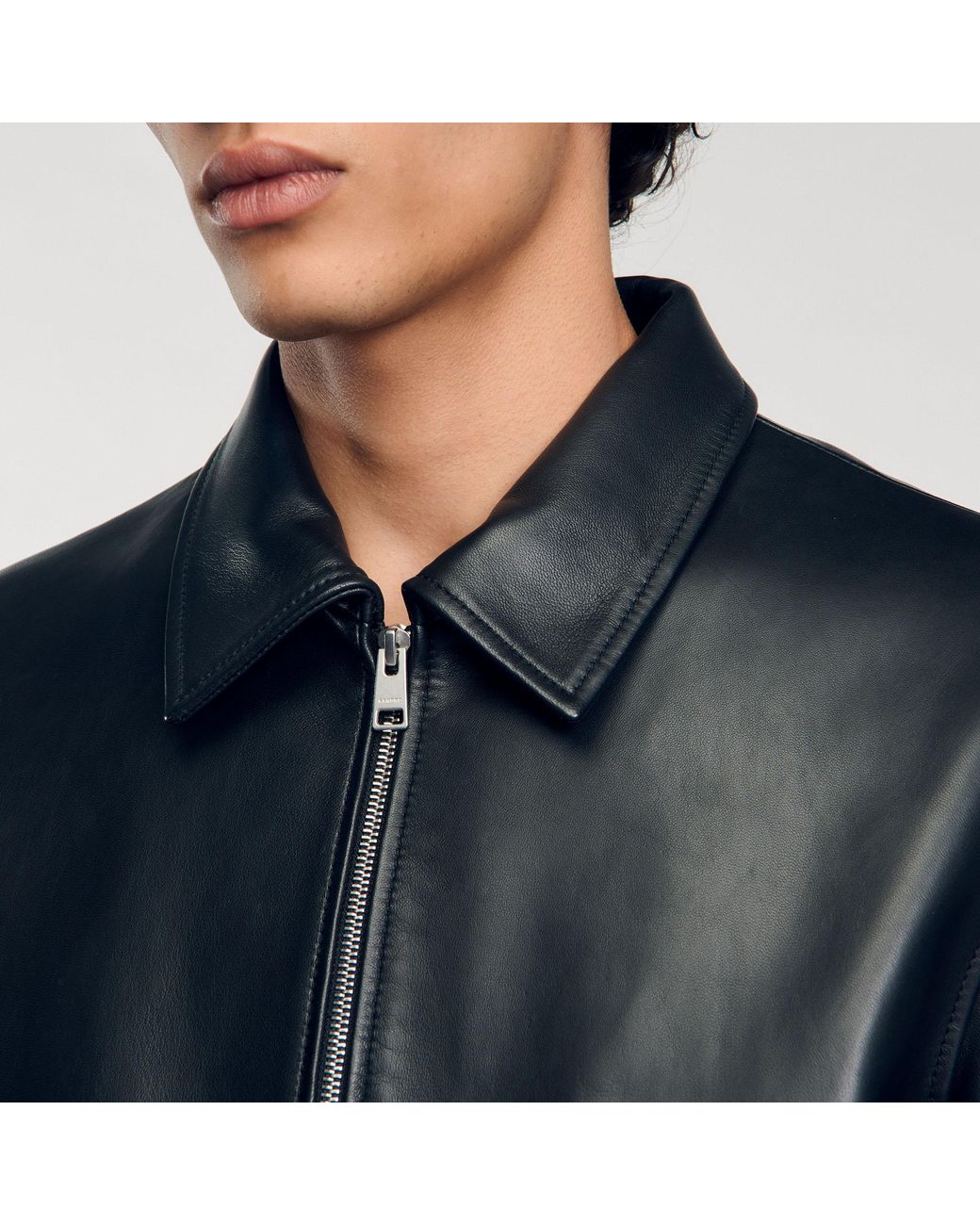 Sandro Blue Plain Leather Jacket for men