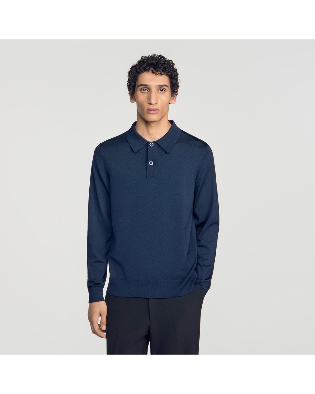 Sandro Blue Long-Sleeved Knitted Polo Shirt for men