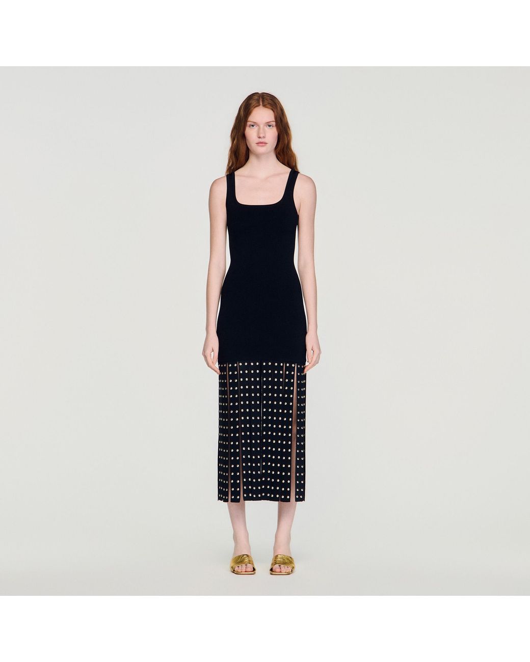 Sandro Blue Fringed Knit Maxi Dress