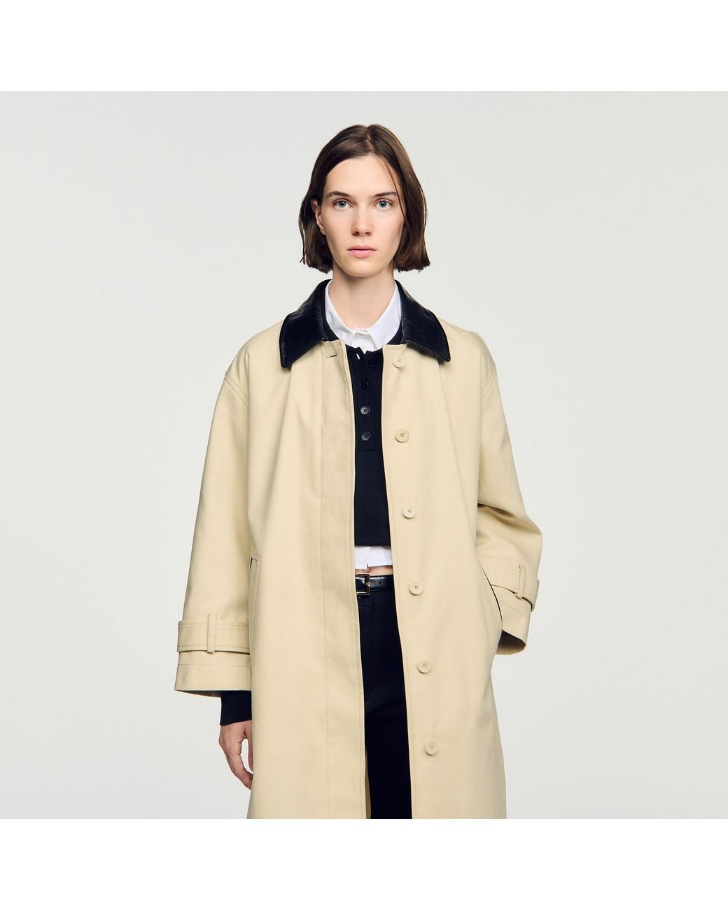 Sandro Natural Long Coat With Leather Collar