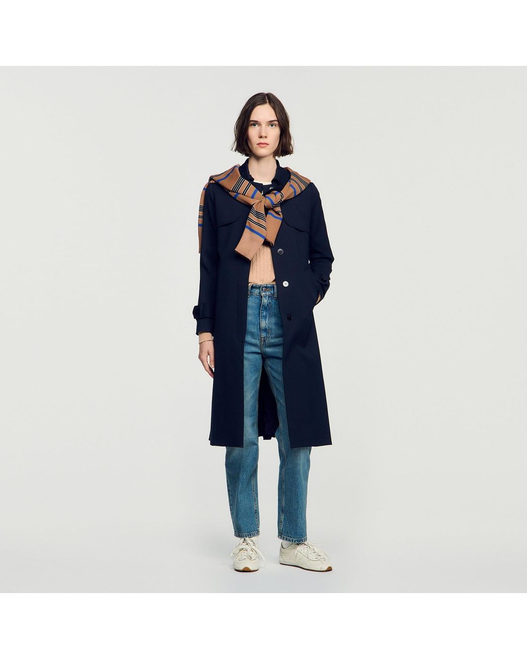 Sandro Blue Trench Coat With Pleated Inset
