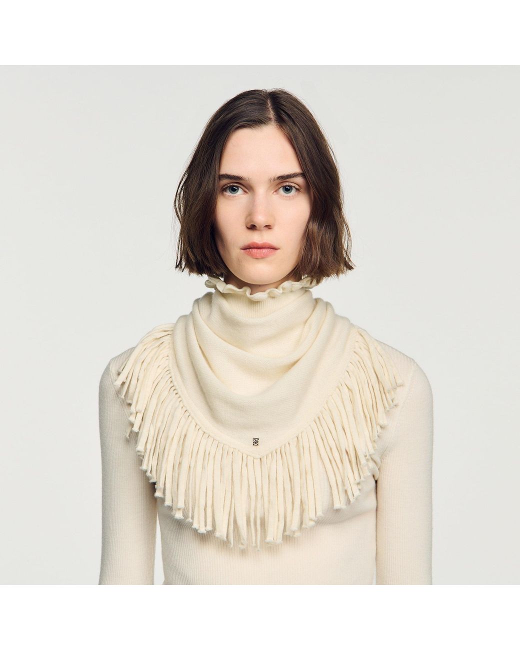 Sandro White Fringed Wool Triangle Scarf