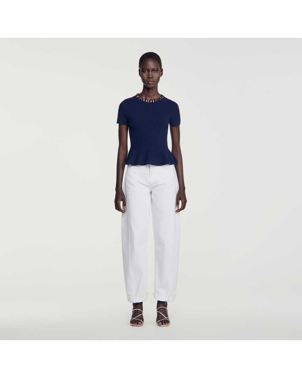Sandro Blue Peplum Sweater With Rhinestone Neckline