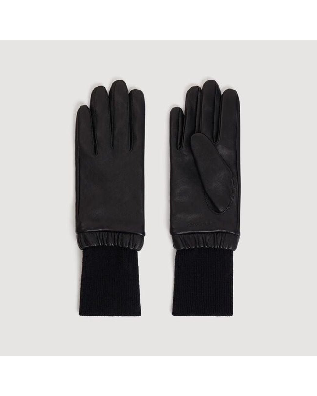 Sandro Black Leather And Ribbed Knit Gloves