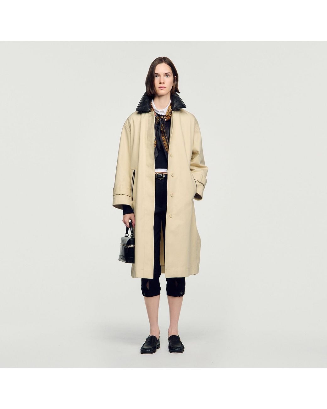 Sandro Natural Long Coat With Leather Collar