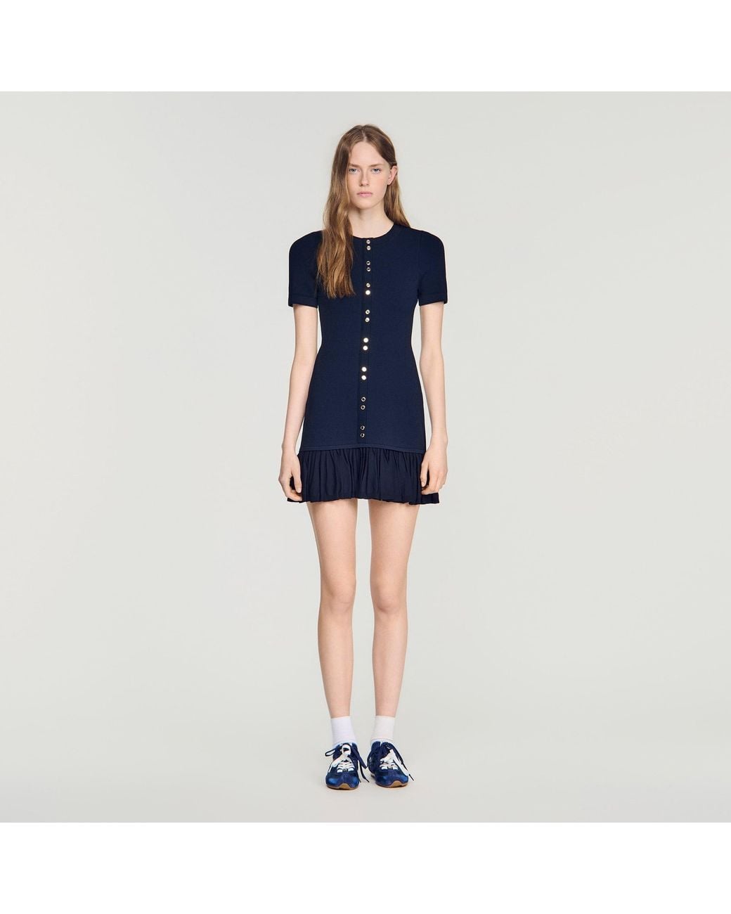 Sandro Blue Short Knit Dress With Ruffles