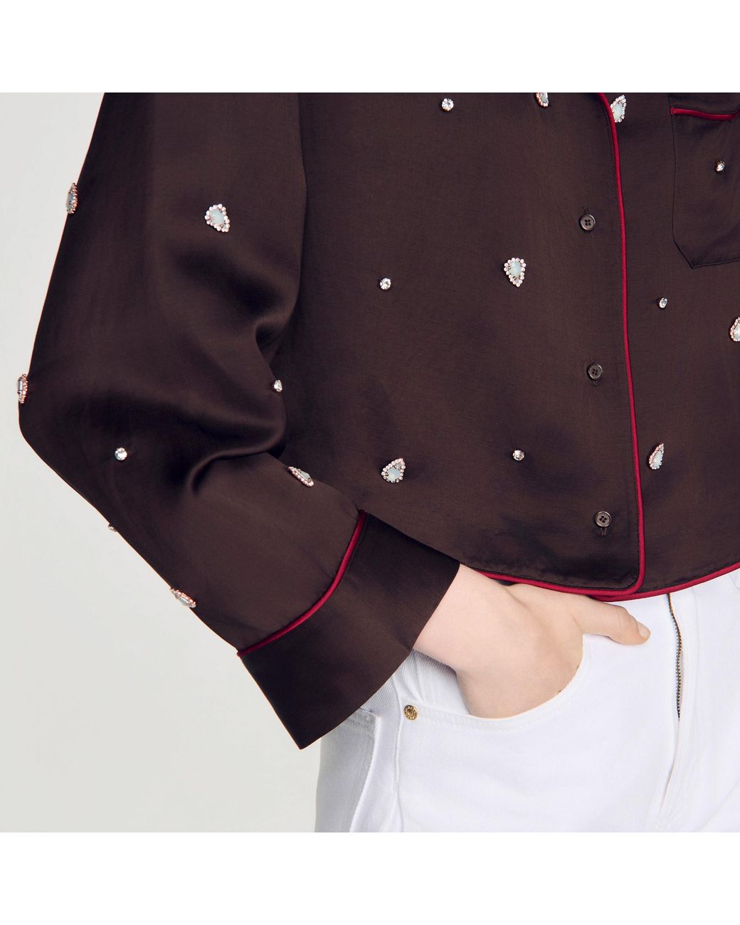 Sandro White Shirt With Beads And Rhinestones