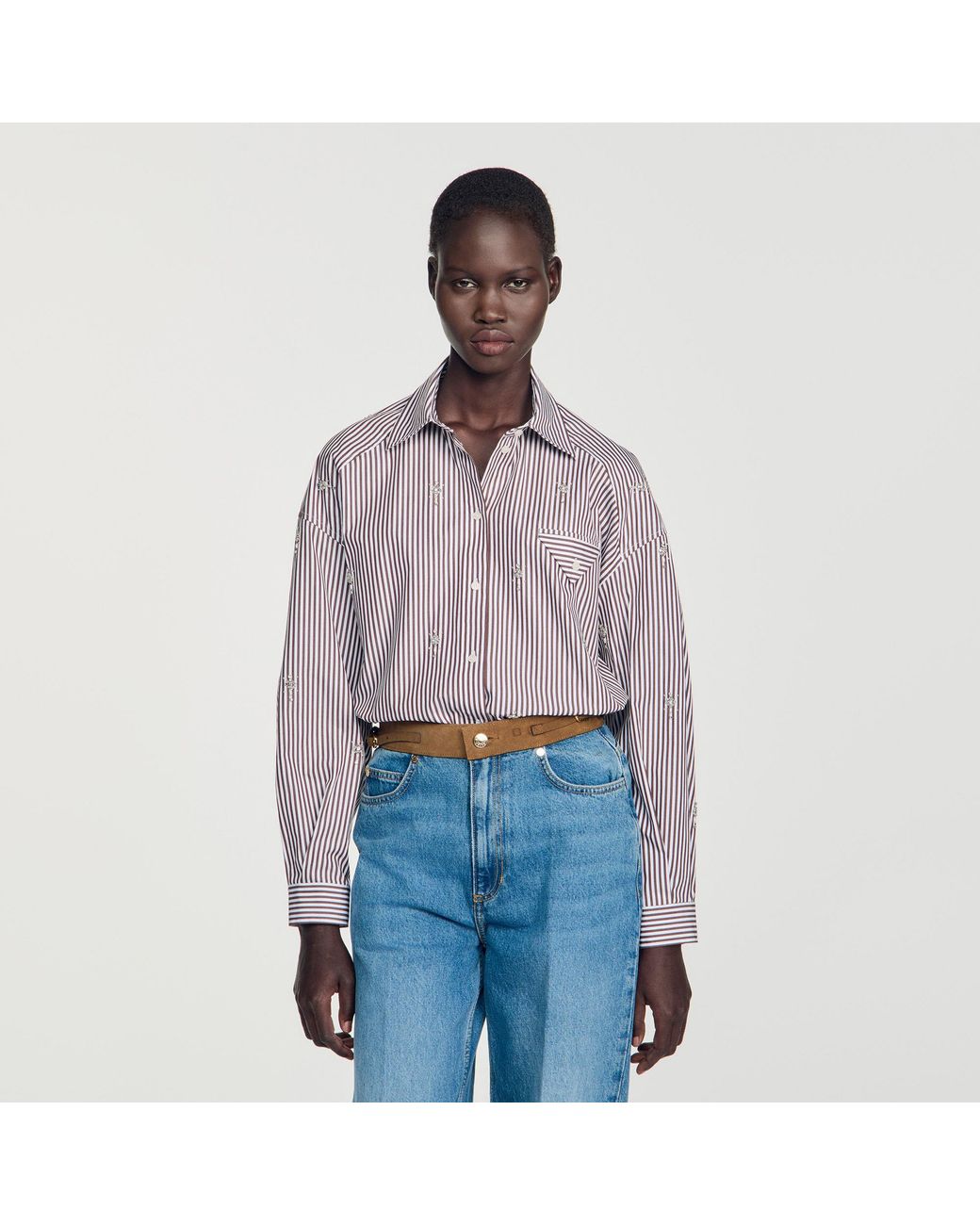 Sandro Blue Oversized Striped Rhinestone Shirt