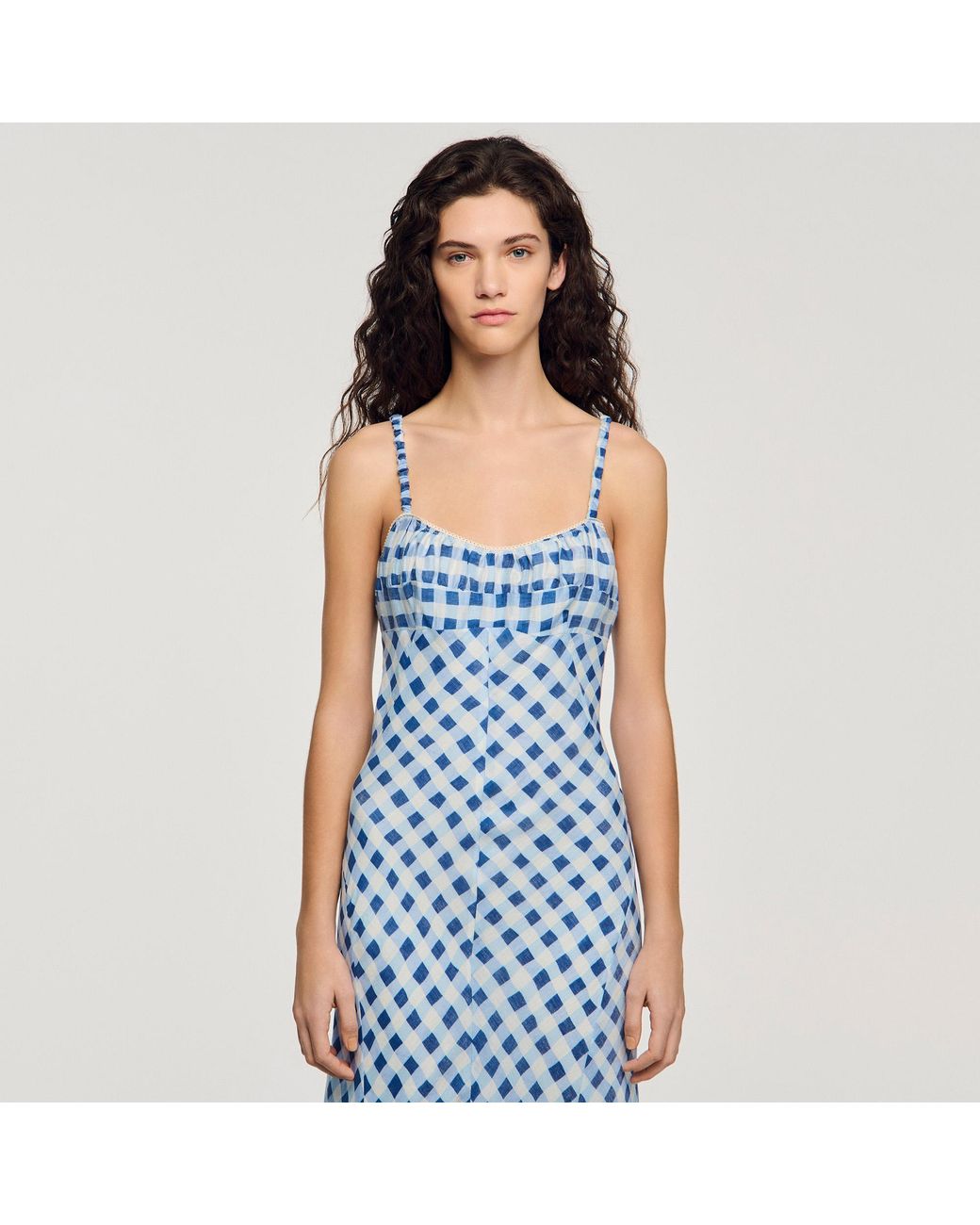 Sandro Blue Gingham Linen Maxi Dress