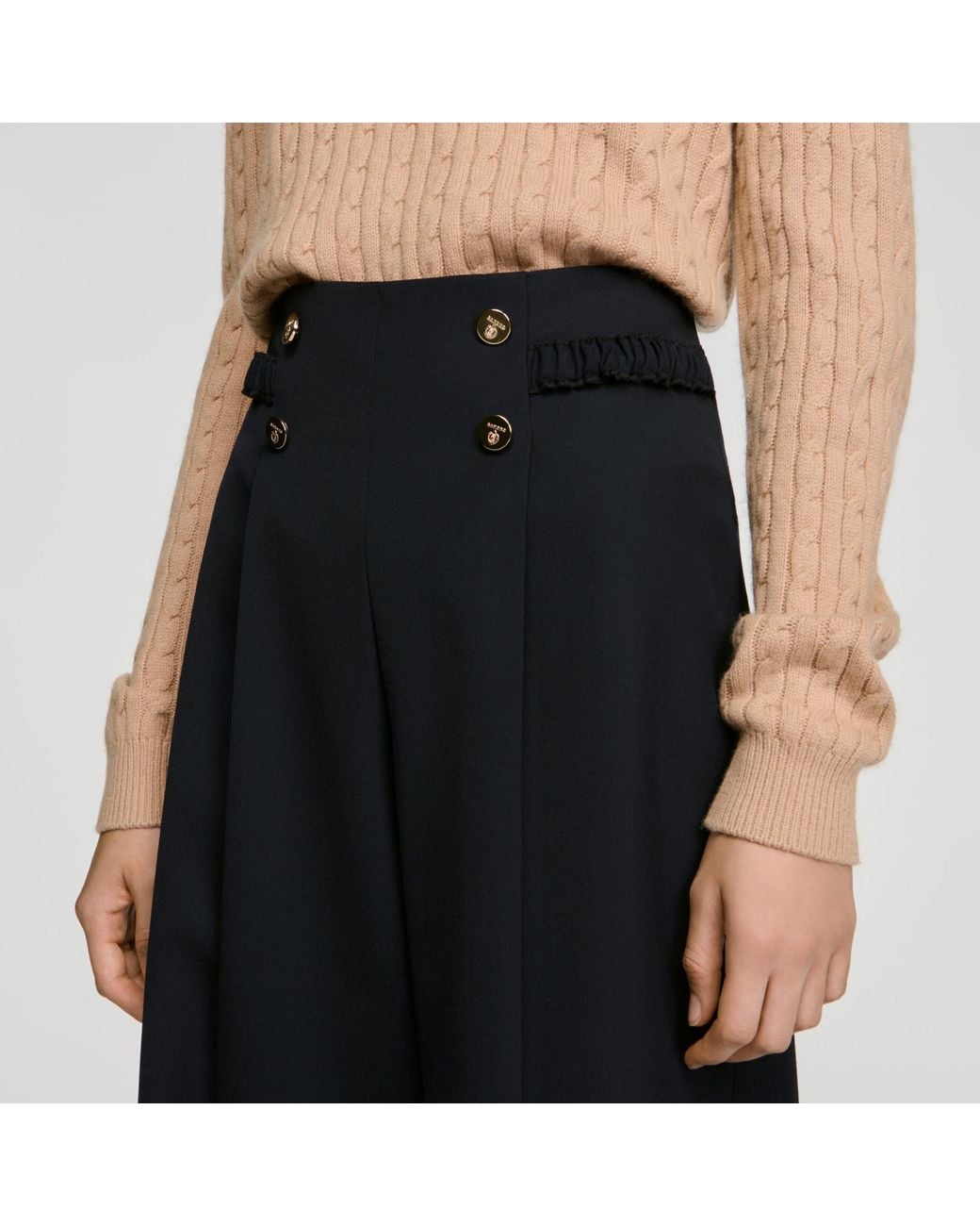 Sandro Black Buttoned Wide-Leg Wool Trousers