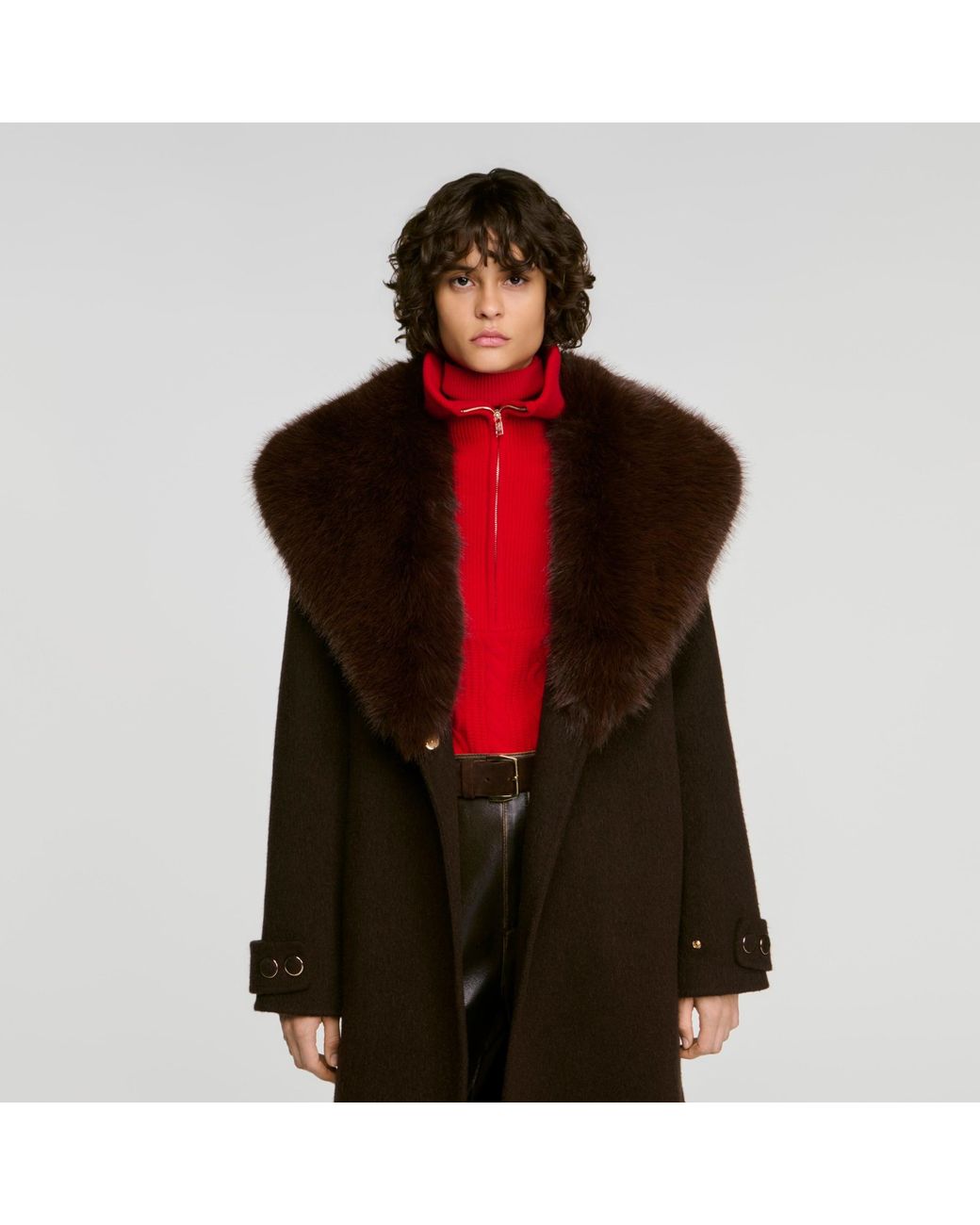 Sandro Red Coat With Shearling Collar