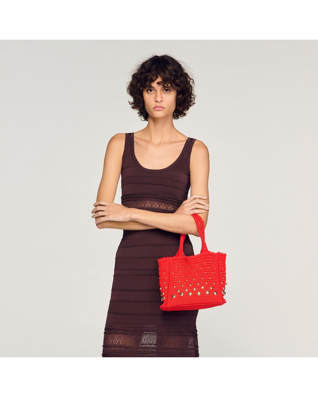 Sandro Red Studded Crochet Bag