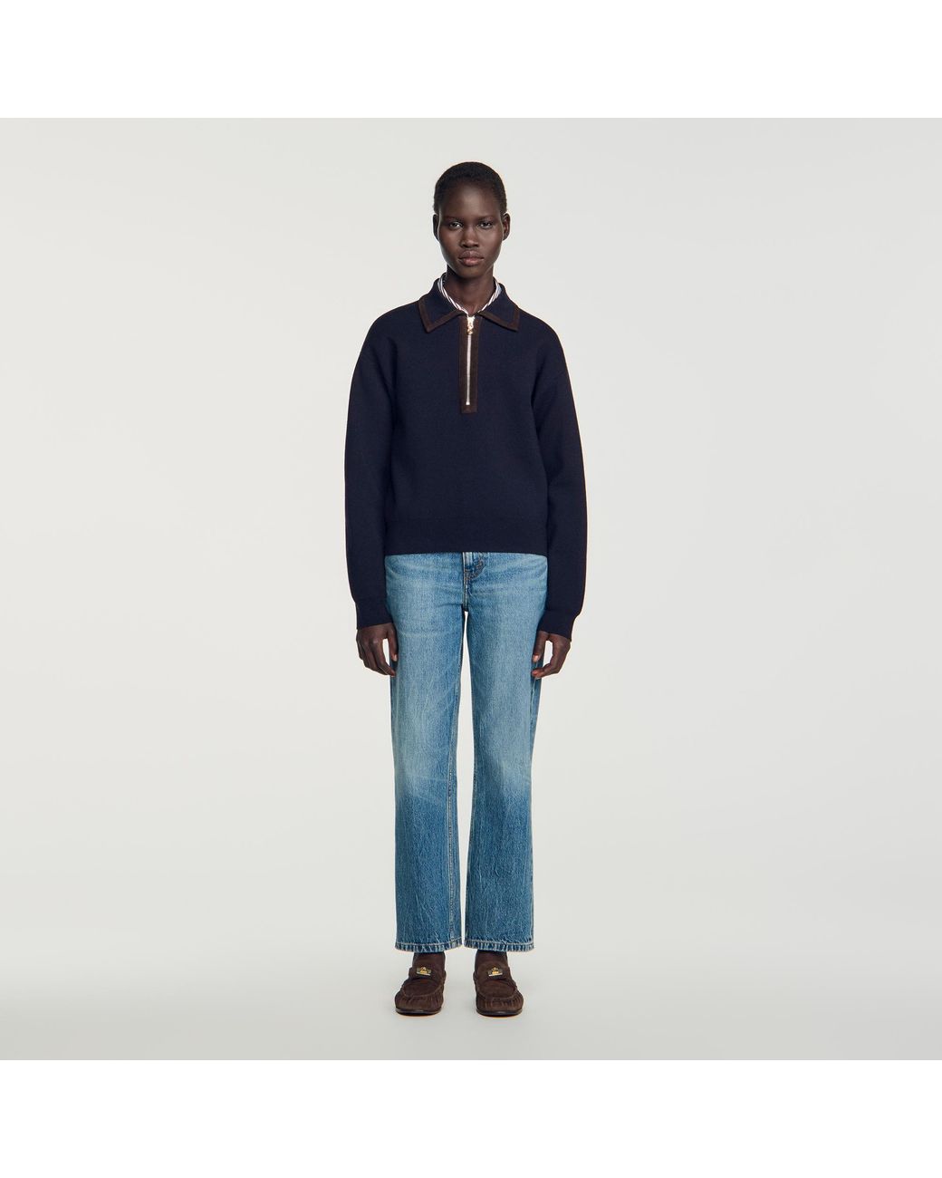 Sandro Blue Zip Polo Jumper With Suede Collar