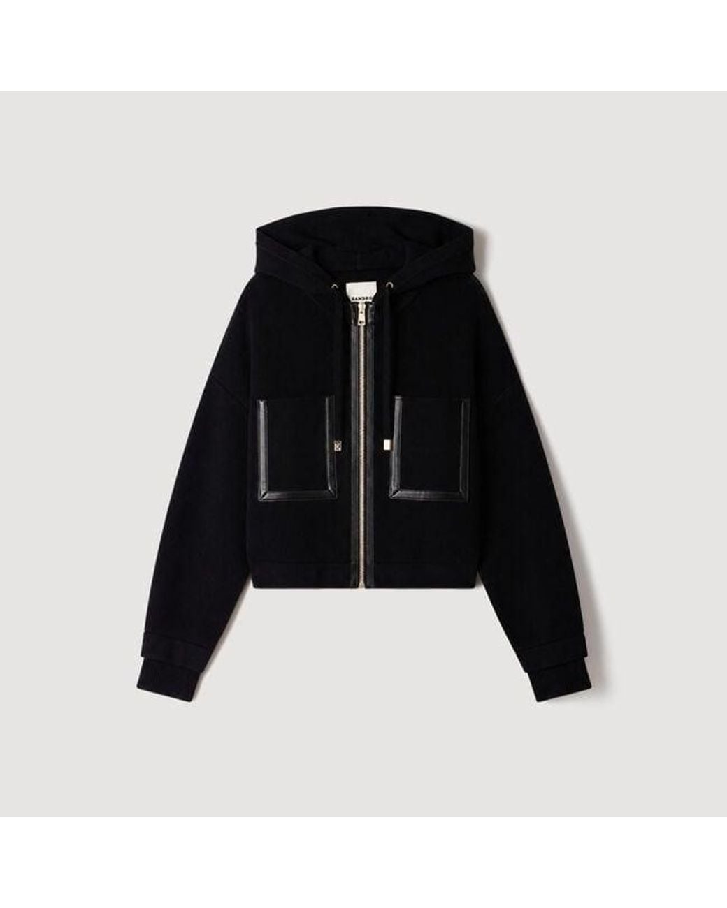 Sandro Black Hooded Cardigan With Leather Trim