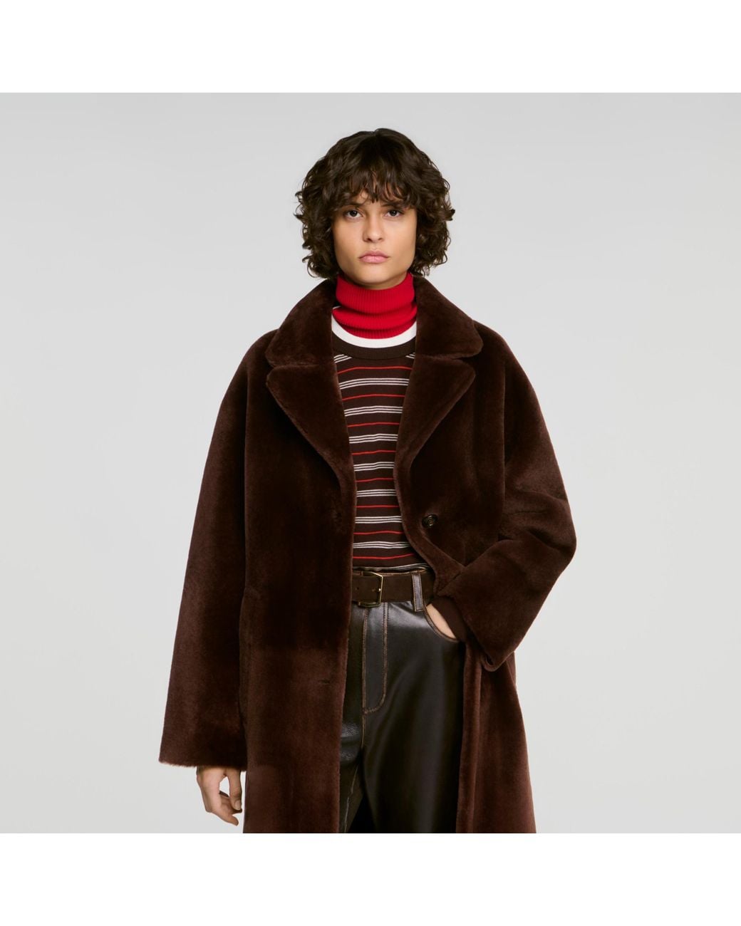 Sandro Brown Belted Shearling Coat