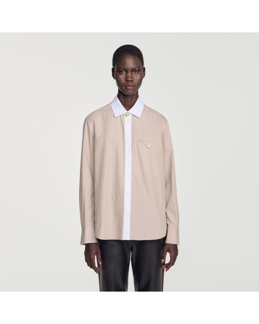 Sandro Natural Striped Shirt With Contrast Collar