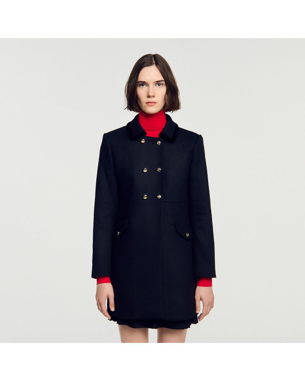 Sandro Blue Mid-Length Coat With Velvet Collar