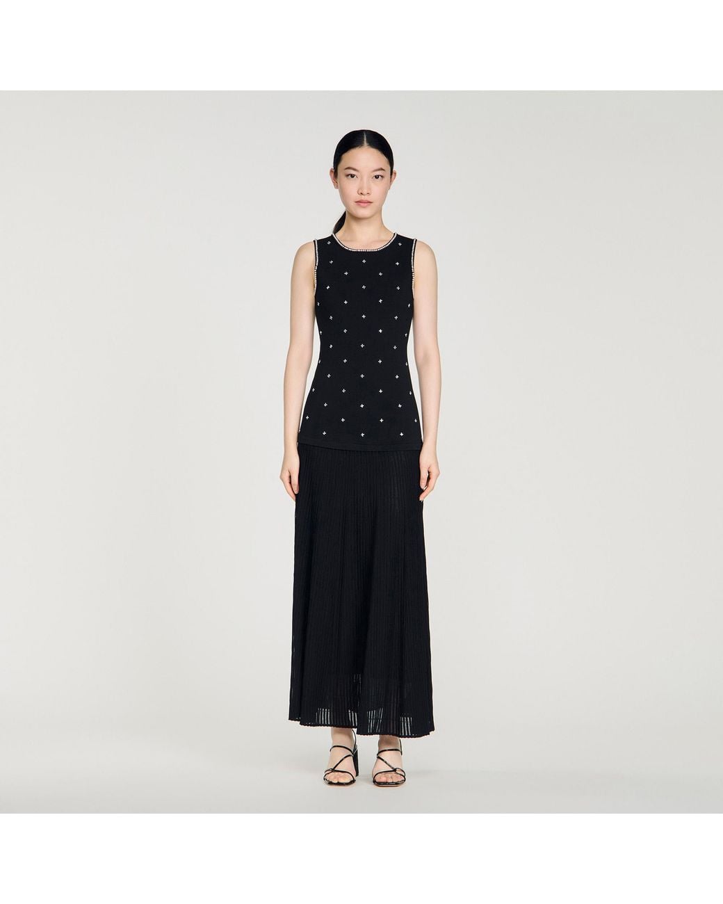 Sandro Black Rhinestone Flower Print Maxi Dress