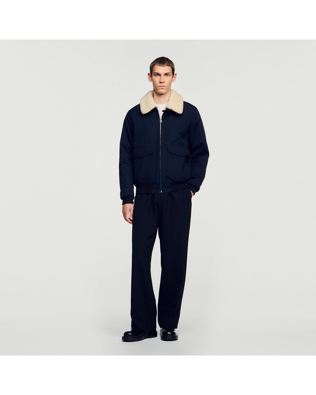 Sandro Blue Shearling Collar Aviator Jacket for men