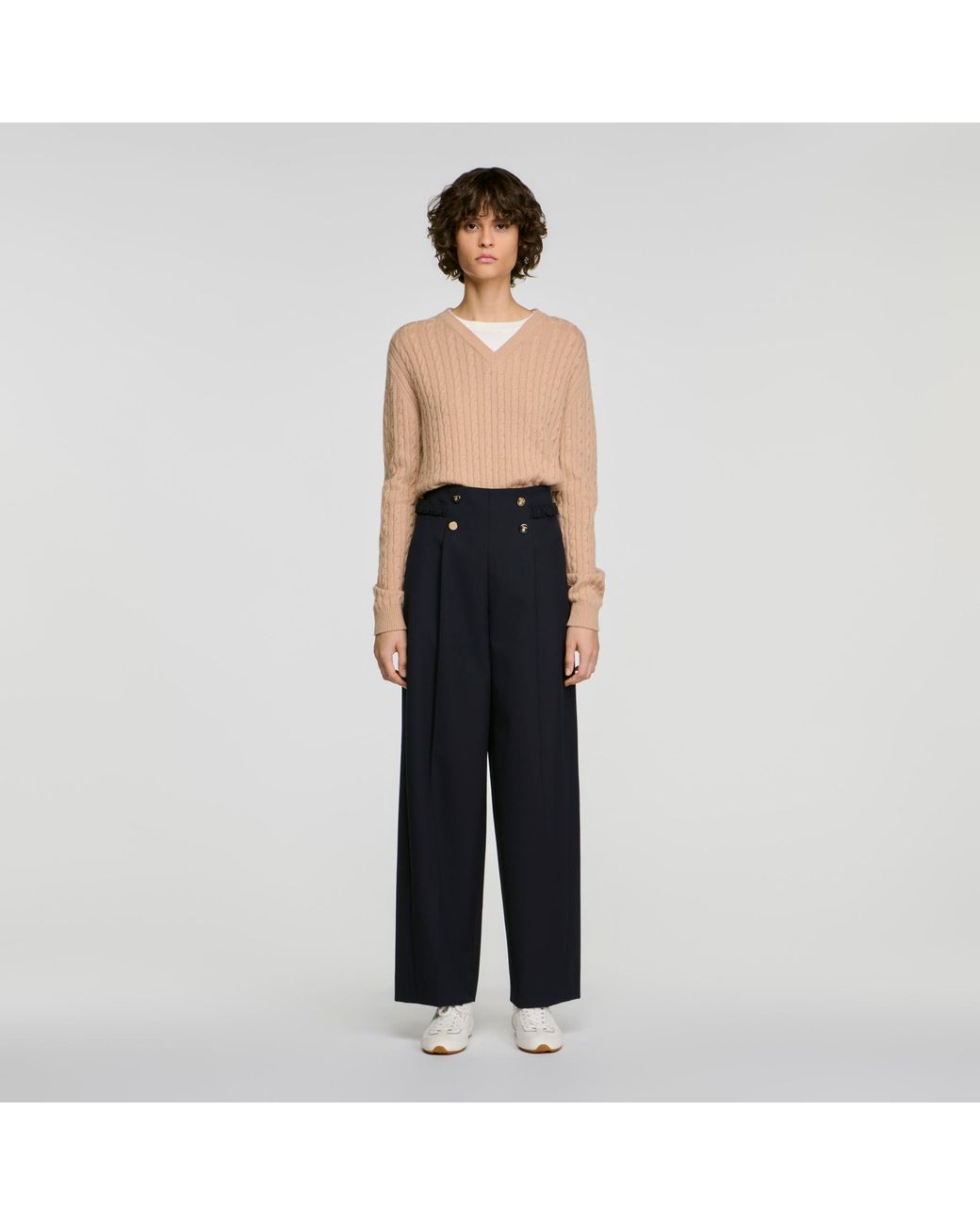 Sandro Black Buttoned Wide-Leg Wool Trousers
