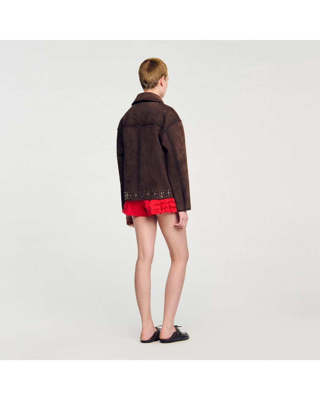 Sandro Red Studded Suede Leather Jacket