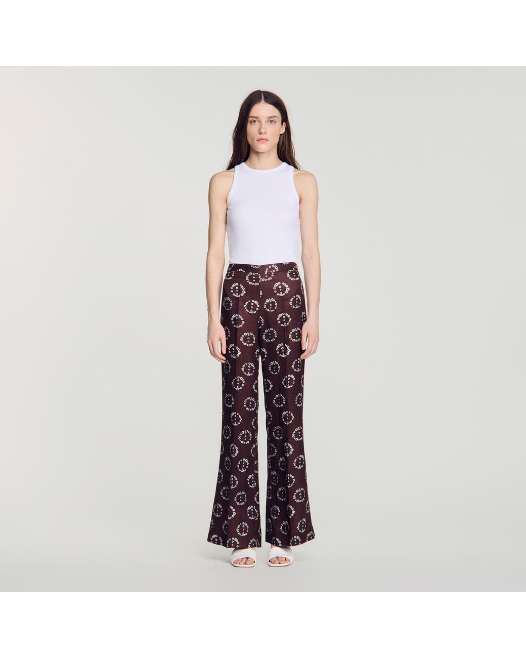 Sandro Blue Floral-Print Flowy Trousers
