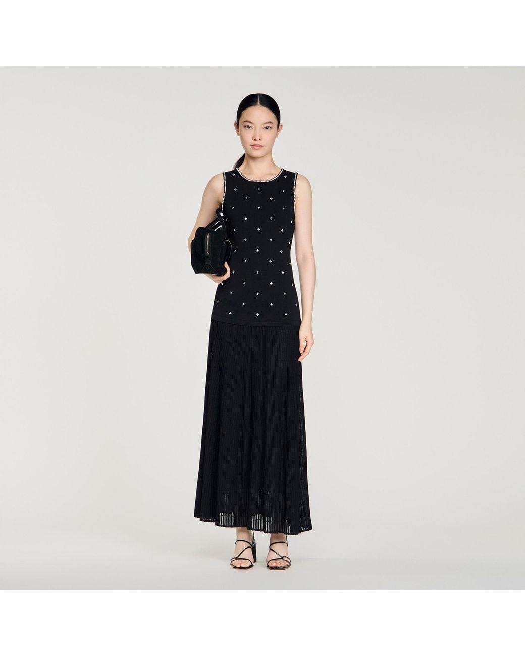 Sandro Black Rhinestone Flower Print Maxi Dress