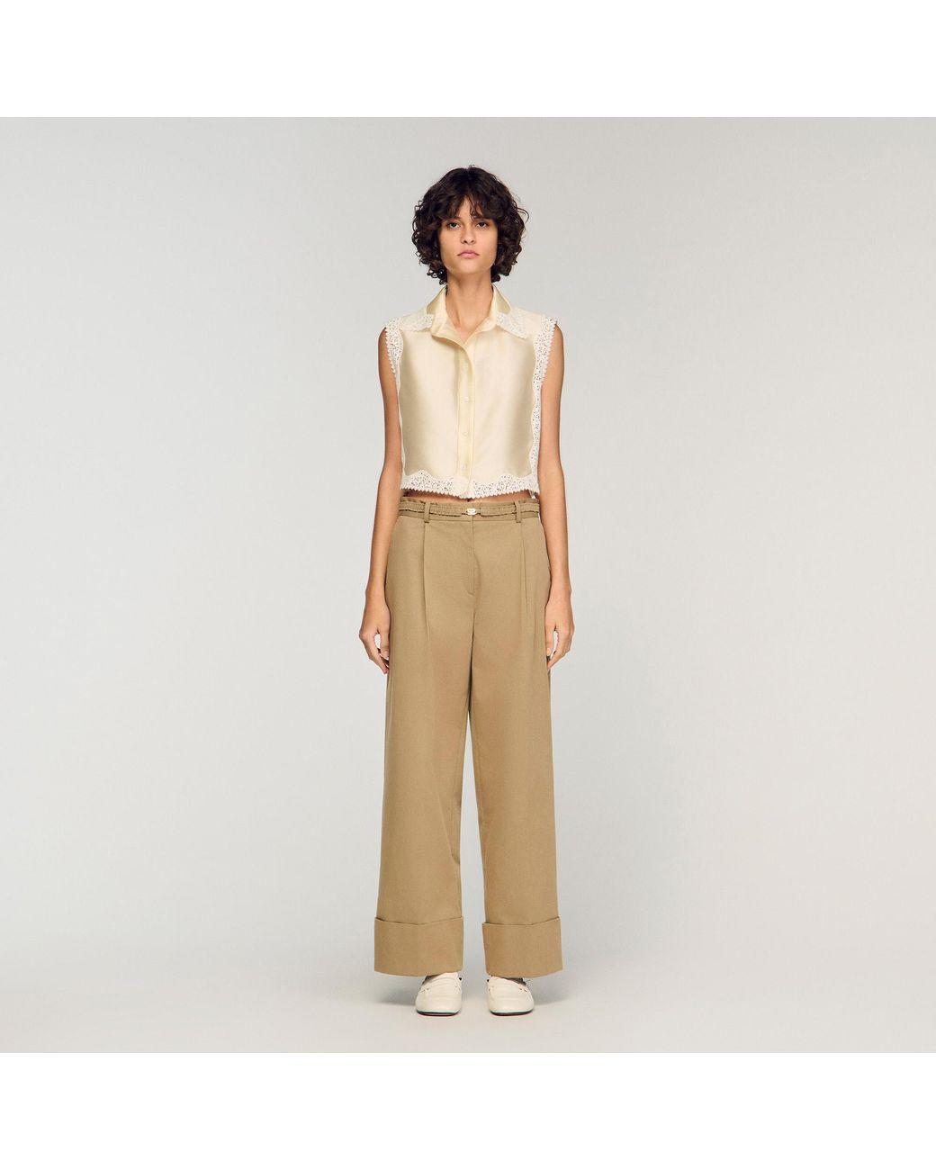 Sandro Natural Cropped Shirt With Lace Detail